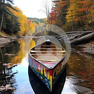 A wooden canoe is floating on the calm and clear water