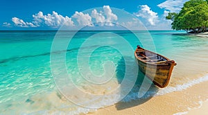 Wooden canoe at the scenic beach in Asian resort island near popular tourist destination hotel