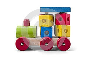 Wooden car - truck toy with colorful blocks isolated over white