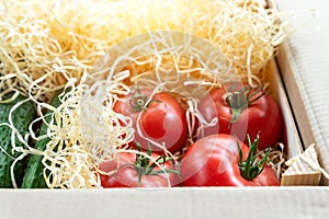 Wooden and cardboard crate box with fresh ripe tasty red tomatoes and green cucumbers with wood shavings filler