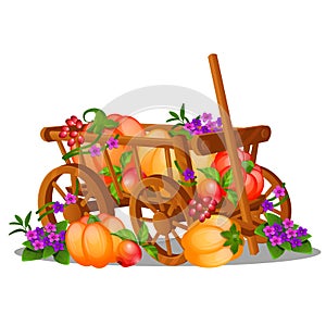 The wooden cart is filled with a harvest of ripe fruits and vegetables isolated on white background. Vector cartoon