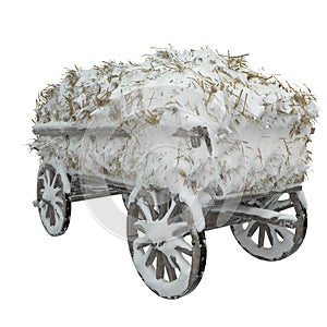 Wooden cart with hay covered in snow