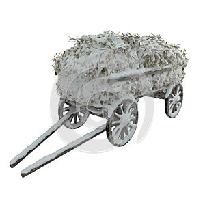 Wooden cart with hay covered in snow