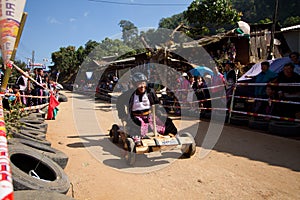 The wooden cart racing.