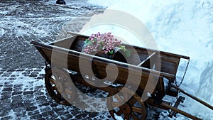Wooden cart on a snowy stone pavement