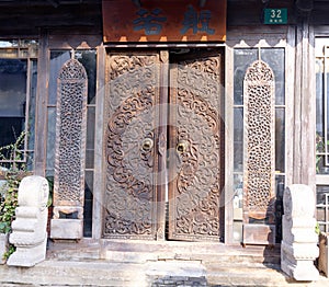 Wooden carved door in Xinchang Ancient Town Shanghai