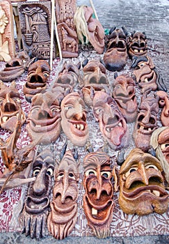 Wooden carved funny masks market fair rural crafts