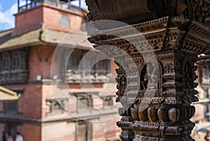 Wooden carved pillars in the temple of Durbar square at Patan Kathmandu, Nepal