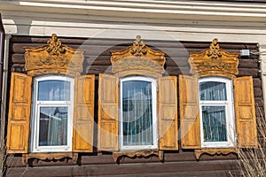 Wooden carved  Window  in the old wooden house in the old town Ulan-Ude