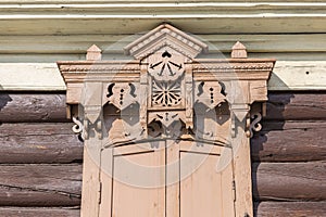 Wooden carved  Window  in the old wooden house in the old town Ulan-Ude