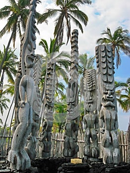 Wooden carvings resembling Hawaiian gods, Kii, at Puuhonua o Honaunau National Historical Park photo