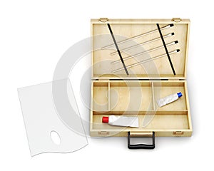 Wooden case artist and palette isolated on white background. 3d