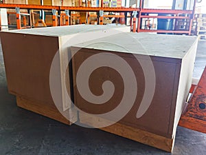 Wooden case shipment and wood box on hand lift pallet in cargo warehouse and ready loading to container truck for transportation