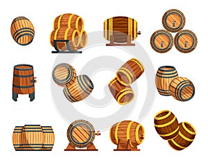 Wooden cask and barrels. Wine keg and beer barrel, wooden container for alcohol storage, timber vessel for wine brewing