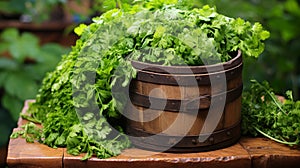 Wooden cask filled with fragrant oregano