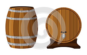 Wooden cask with rum. Cognac, brandy, scotch in cartoon barrel.