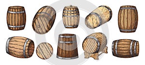 Wooden cask. Sketch of vintage beer keg. Old rum, whiskey and wine barrel. Alcohol drinks storage. Isolated winemaker