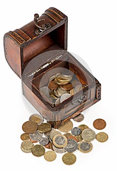 Wooden casket full of coins thai