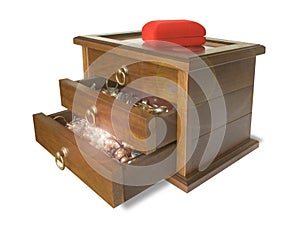 Wooden casket with jewelry