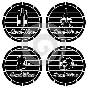 Wooden casks with wine bottles, glasses and grape clusters, vector
