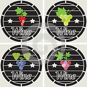 Wooden casks with wine grape clusters, vector photo
