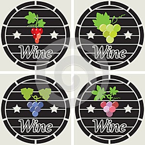 Wooden casks with wine grape clusters, vector