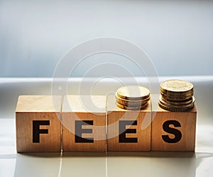 Wooden cbes with fees word and coins on gray background. Taxes and fees business concept