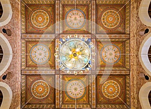 Wooden ceiling decorated with colorful floral patterns at Mamluk era Al Shafii Mosque, Cairo, Egypt photo