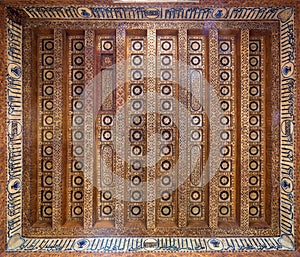 Wooden ceiling decorated with floral patterns at Mamluk era Amir Taz Palace, Cairo, Egypt