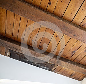 Wooden Ceiling Design Architecture. Wooden Beams Rafters Girders. Wooden Columns. Ceiling Frame. Logs