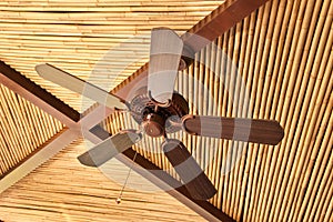 Wooden ceiling fan on a bamboo ceiling