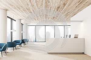 Wooden ceiling office reception hall, armchairs