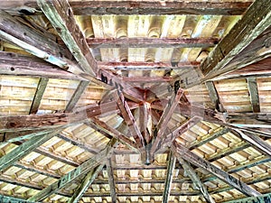 Wooden ceiling under the roof