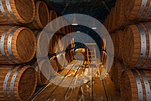 Wooden cellar with barrels inside, vintage beverage warehouse, 3d rendering