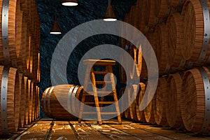 Wooden cellar with barrels inside, vintage beverage warehouse, 3d rendering