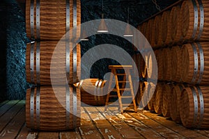 Wooden cellar with barrels inside, vintage beverage warehouse, 3d rendering