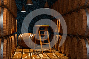 Wooden cellar with barrels inside, vintage beverage warehouse, 3d rendering