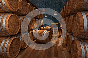 Wooden cellar with barrels inside, vintage beverage warehouse, 3d rendering