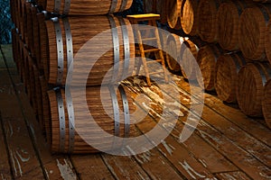 Wooden cellar with barrels inside, vintage beverage warehouse, 3d rendering