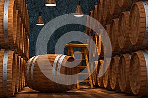 Wooden cellar with barrels inside, vintage beverage warehouse, 3d rendering