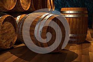 Wooden cellar with barrels inside, vintage beverage warehouse, 3d rendering