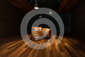 Wooden cellar with barrels inside, vintage beverage warehouse, 3d rendering