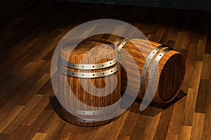 Wooden cellar with barrels inside, vintage beverage warehouse, 3d rendering