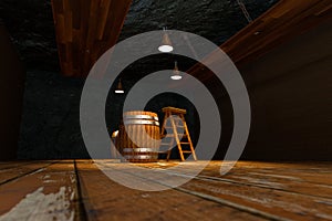 Wooden cellar with barrels and ladder inside, vintage beverage warehouse, 3d rendering