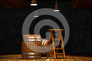 Wooden cellar with barrels and ladder inside, vintage beverage warehouse, 3d rendering