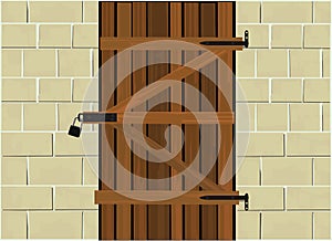Wooden cellar door locked with a padlock