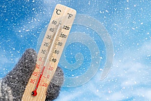 Wooden celsius and fahrenheit scale thermometer in hand. Ambient temperature minus 5 degrees