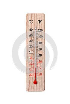 Wooden celsius and fahrenheit scale thermometer isolated on a white background.