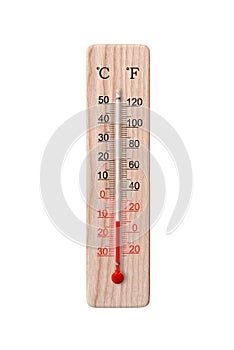 Wooden celsius and fahrenheit scale thermometer isolated on a white background. Ambient temperature minus 12