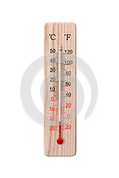 Wooden celsius and fahrenheit scale thermometer isolated on a white background. Ambient temperature minus 21